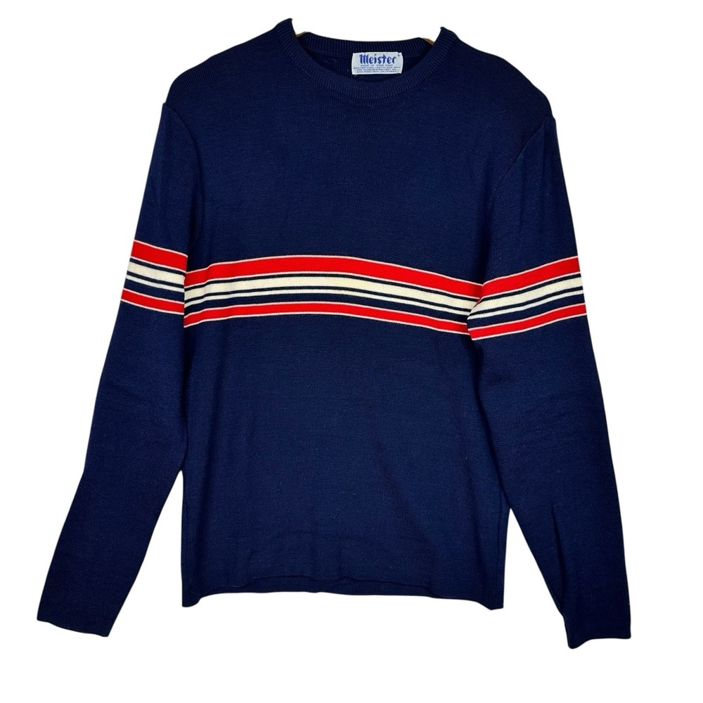 Vintage 80s Meister 100% Wool Sweater Mens M Navy Red Stripe Crewneck Preppy